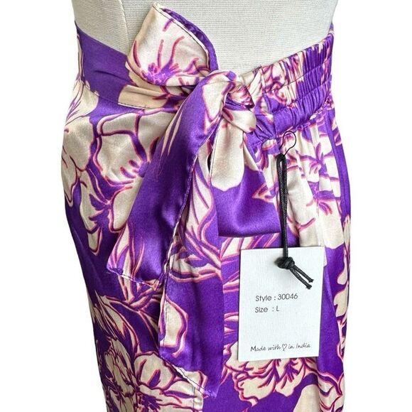 NWT Japna Tropical Floral Print Wrap Front Tie Side Satin Midi Skirt - Picture 4 of 9